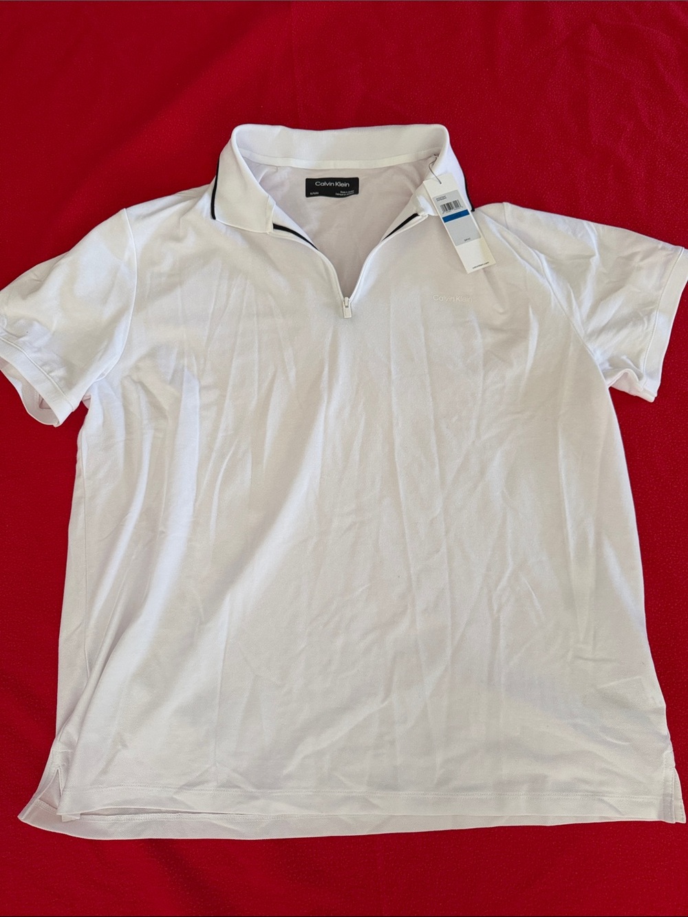NWT Calvin Klein Men’s White Short-Sleeve Zip Polo with Black Trim